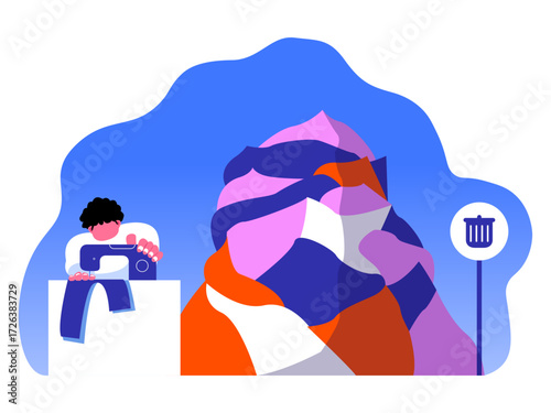Person uses sewing machine beside large pile of colorful textile waste with trash icon nearby highlighting fashion industry pollution and need for recycling and sustainable practices