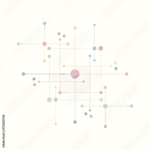 Vector abstrak dengan titik dan garis pastel minimalis, komposisi sederhana elegan, cocok untuk poster modern.