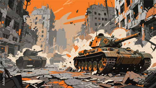 City Destroyed by Tank War Illustrator Artwork Banner Background Design Template 