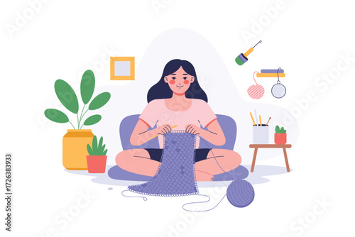Young Woman Knitting at Home, Relaxing and Creative Hobby. Knitting Project with Yarn Ball, Needles, Indoor Plants and Decorations Illustration, Isolated on White Background