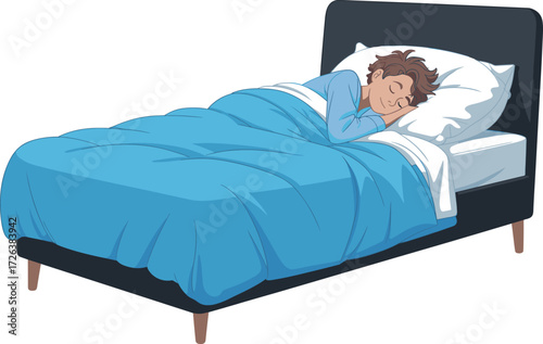 Peaceful sleep, cozy bedroom, person resting, blue comforter, white pillow, night relaxation, calm atmosphere, healthy lifestyle, bedtime routine, restful night