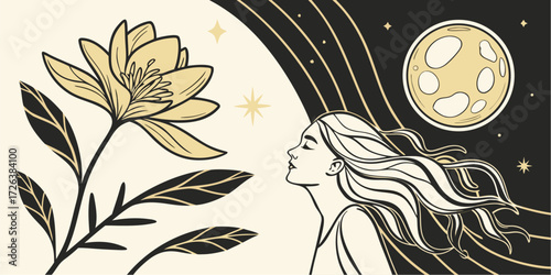 Dreamy woman gazing at the moon with floral accents for holistic wellness designs and spiritual art projects