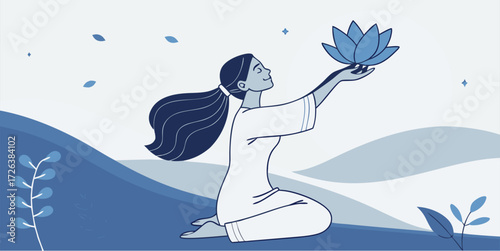 Woman embracing wellness, holding lotus flower in nature, seeking inner peace and tranquil spirituality