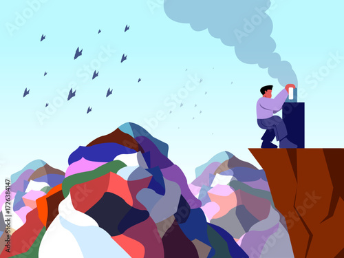 Person operates textile machine emitting smoke on cliff with birds flying nearby and colorful waste piles in background symbolizing pollution and environmental impact of textile industry