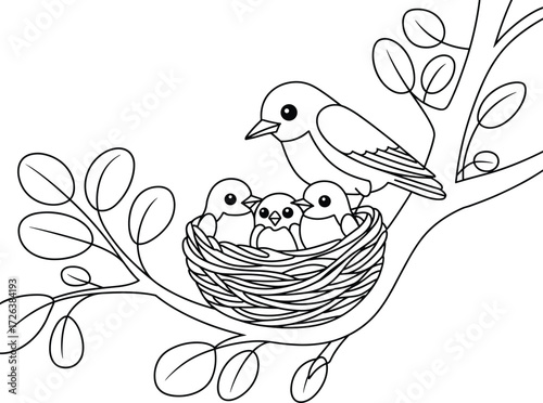Black and white line drawing bird nest illustration, mother bird feeding chicks, nature wildlife sketch, tree branch leaves, parenting care artwork