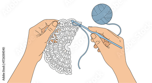 Illustration of Crochet Project in Progress, Showing Hands Working with Blue Yarn and Hook Creating a White Doily on a White Background