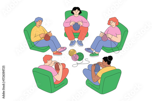 Diverse Group Knitting Circle: People Relaxing and Creating Together, Sharing a Craft in a Cozy and Creative Environment with Yarn and Knitting Needles.