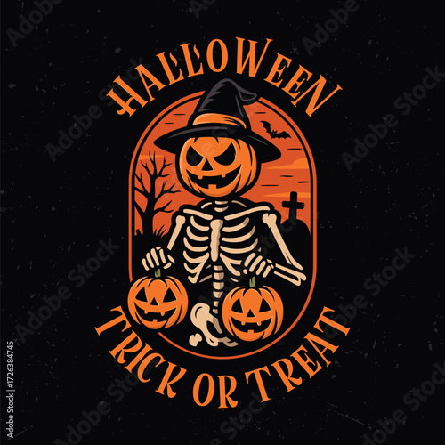 Spooky halloween vector illustration featuring a scary pumpkin with hat. Tee design for printing. Good for poster, wallpaper, t-shirt, gift.