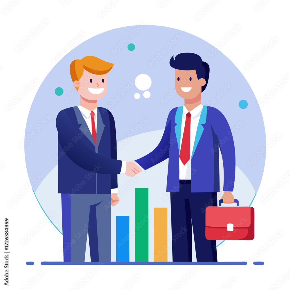 Obraz premium Confident business partners sealing a deal with a handshake, showcasing professional success and growth symbolized by vibrant bar charts.