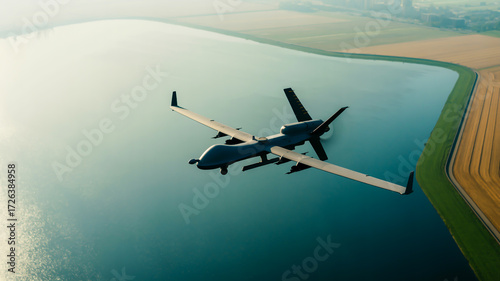 A high-resolution aerial photograph of an MQ-9 Reaper drone flying over a large body of water