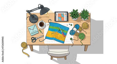 Creative Crochet Workspace: Top-Down View of a Crafting Table with Yarn, Hook, Pattern on Tablet, Coffee, Desk Lamp and Cozy Chair