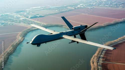 A high-resolution aerial photograph of an MQ-9 Reaper drone flying over a large body of water