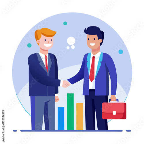 Confident business partners sealing a deal with a handshake, showcasing professional success and growth symbolized by vibrant bar charts.