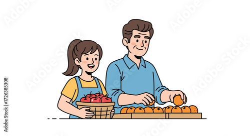 Happy Family Business Father and Daughter Selling Freshly Picked Orchard Fruits Together