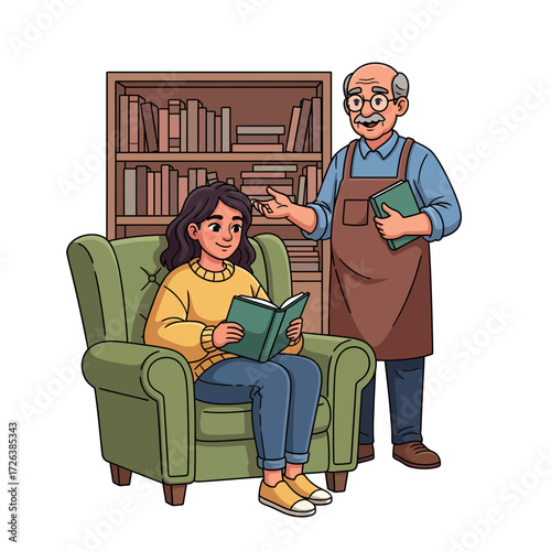 Friendly bookseller assisting a young woman as she discovers a new novel in a cozy shop