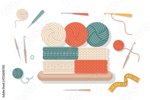Flat Lay of Knitting and Crochet Supplies: Yarn Balls, Needles, Hooks and Finished Pieces for Creative Craft Projects