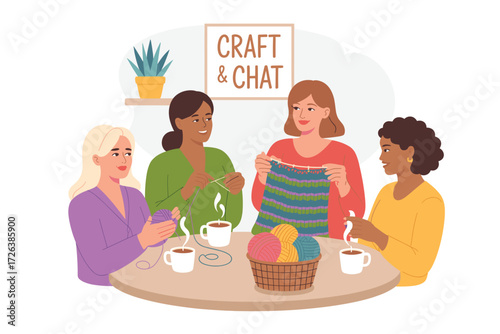 Diverse Group of Women Knitting and Chatting Together, Enjoying Craft Activities and Coffee, Sharing Their Creations in a Cozy Craft Circle