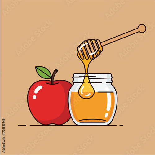 A red apple sits next to a jar of honey with a wooden dipper dripping honey into it.