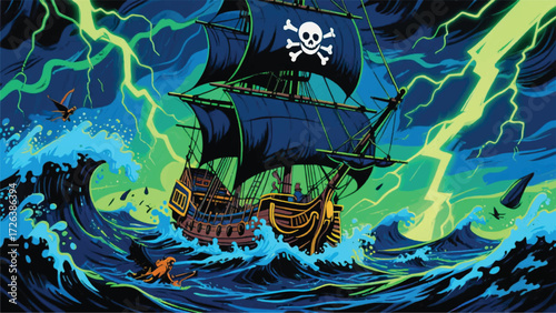 Fotografía Pirate Ship Hit by Storm Illustrator Artwork Banner Background Design Template