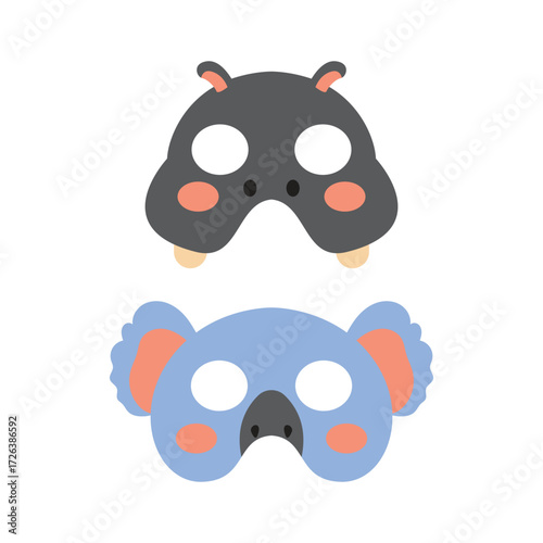 Cute birthday mask theme hippopotamus and koala head collection cartoon icon illustration