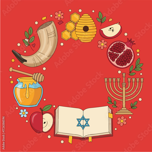 Circular arrangement of Jewish holiday symbols including shofar, honey, apples, pomegranate, and menorah on a red background.