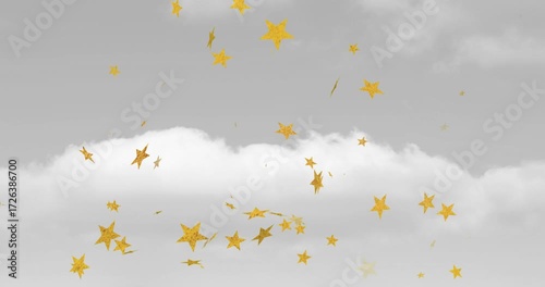 Upon cloud forming, golden star shapes emerging, clustering then swirling downwards decorating sky