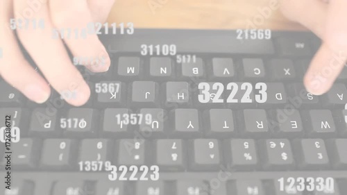 Entering frame, typing hands pressing keys while floating numeric sequences visualizing data flow