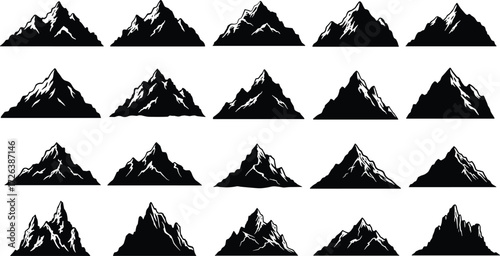 Mountain silhouette vector set, black peak illustration, outdoor landscape design, hiking adventure graphic, wilderness climbing artwork, alpine nature symbol, rocky summit