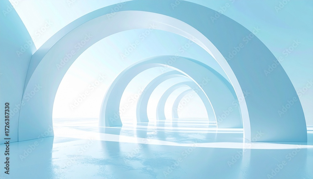 Fototapeta premium Abstract pale blue tunnel with white arches and soft reflections, evoking depth, symmetry, and futuristic calm.