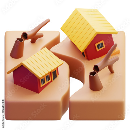 Disaster struck Miniature houses with trees toppled over, symbolizing destruction and loss, possibly due to natural calamities like earthquakes or storms