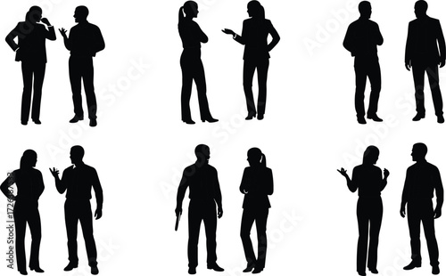 Business people silhouettes communication teamwork discussion, professional colleagues talking interaction, corporate meeting body language concept, office dialogue partnership illustration