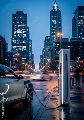 Electric Car Charging in City at Night.