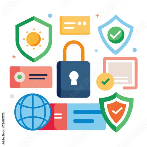 Secure digital world protection system icons representing data privacy, online safety, and information security concepts