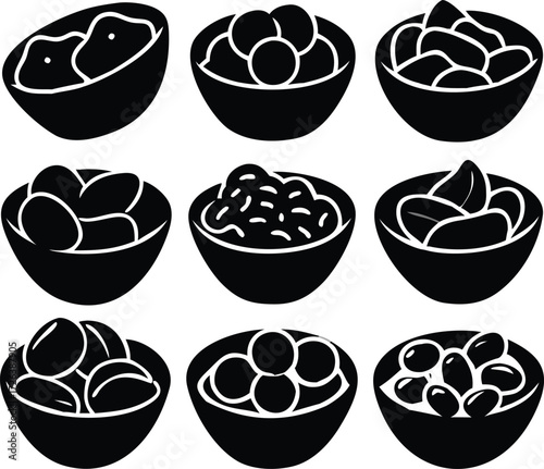 Collection of nine black and white illustrations of bowls filled with various fruits and nuts