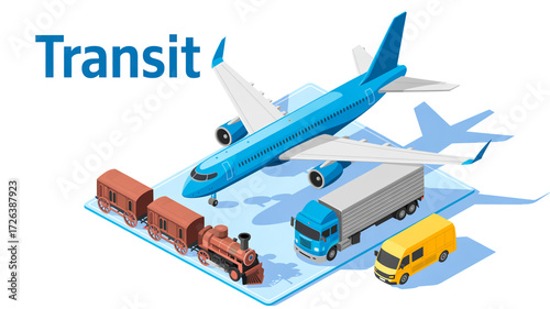 A 3D isometric illustration of a transportation logistics concept on a reflective light blue platform.