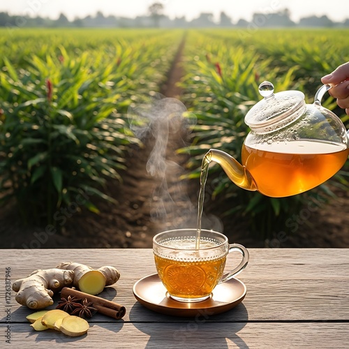 Ginger Tea Pouring Into Cup in Field.