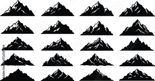 Mountain vector silhouette collection, black peak icons, outdoor adventure design, alpine landscape illustration, nature artwork, wilderness scenery, hiking graphic set