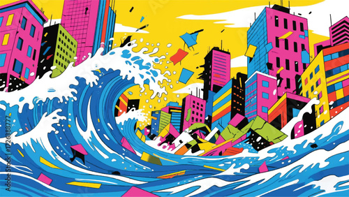 City Destroyed by Huge Waves Illustrator Artwork Banner Background Design Template 