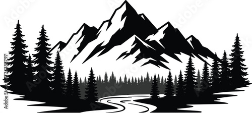 Mountain forest river landscape illustration, black silhouette nature design, alpine scenery artwork, outdoor adventure background, wilderness hiking vector graphic set