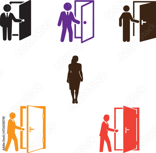Four distinct pairs of gendered restroom icons, each in a different color, are presented clearly isolated on a plain white background.