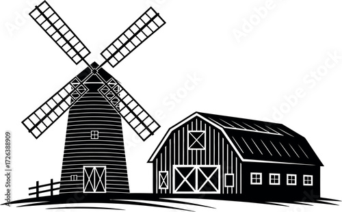 Rustic windmill and barn silhouette against a bright sky, evoking rural charm and heritage.