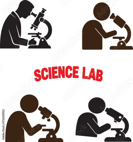 Four distinct silhouette figures engaged in scientific observation using microscopes. The composition is presented on a clean white background.