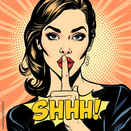 Pop art shhh woman, woman with finger on lips, silence gesture, pop art style woman banner, shut up. High quality