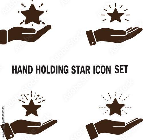 This image displays a set of four dark brown hand icons, each holding a star with radiating lines. The icons are presented isolated on a clean white background.