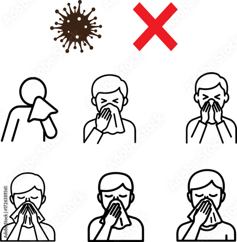 This graphic displays various illustrations of how to cover your mouth when sneezing or coughing, including a virus icon and a red cross symbol, all isolated on a white background.