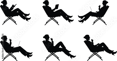 Silhouette woman sitting on folding chair, reading, laptop, smoking, casual poses, high heels, posture study, character design, lifestyle illustration