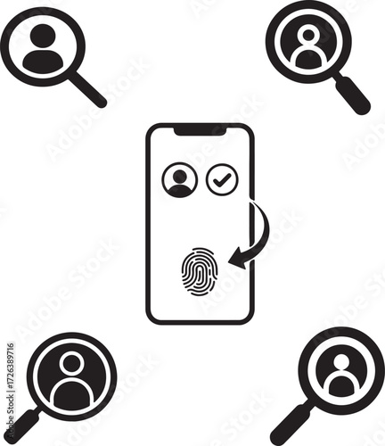 A central smartphone displays fingerprint authentication and user icons. Surrounding it are four magnifying glass icons, each with a user silhouette, all isolated on a white background.