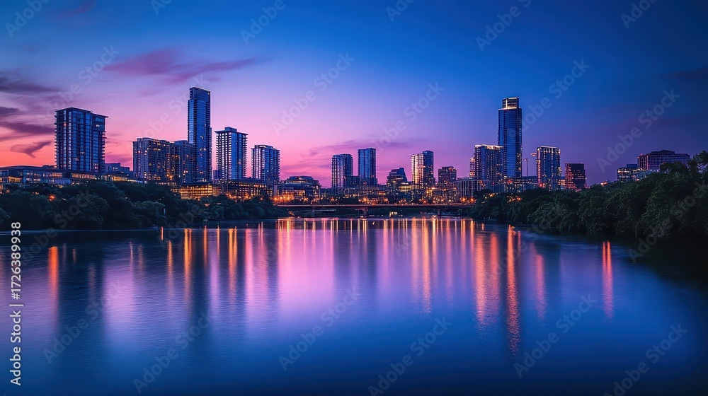 Fototapeta premium Majestic Modern Skyline: High-angle View of Skyscrapers at Sunset, Reflected in the Water, Emphasizing Urban Growth and Architecture.