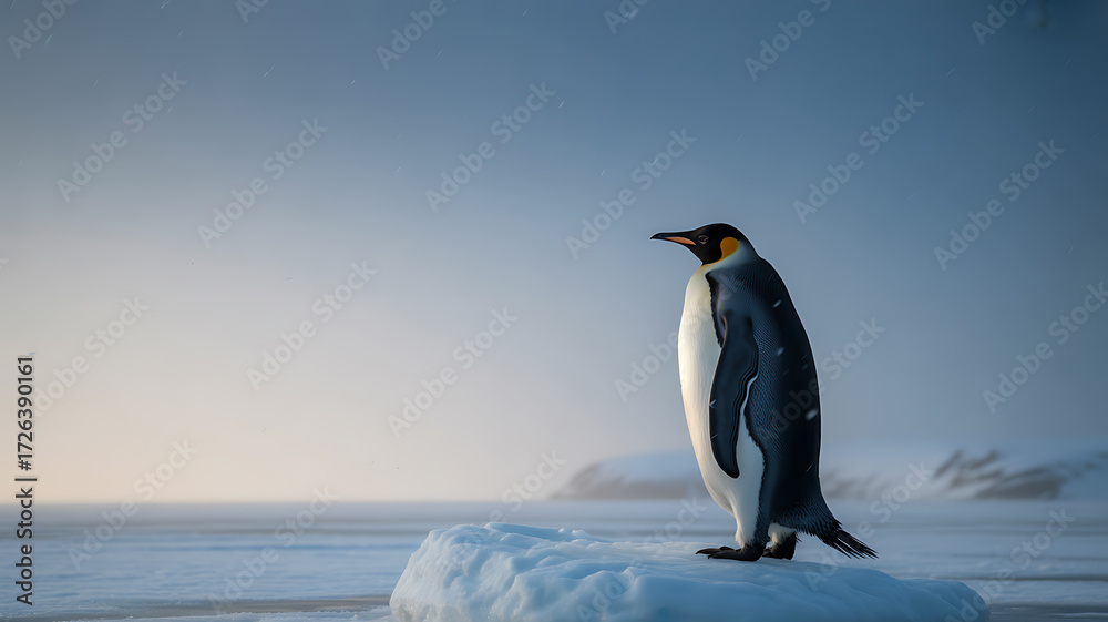 Obraz premium A solitary emperor penguin stands on a snow-covered ice floe in a vast polar landscape under a clear sky.
