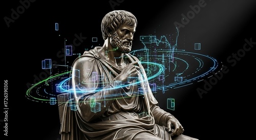 Ancient Philosopher, Thoughtful Pose, Digital Overlay.